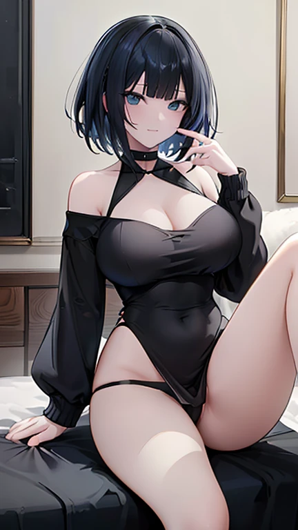 ((highest quality)), ((masterpiece)), (become familiar with), perfect face,dark blue hair,short hair,grated bangs,eyes without highlights,Desaturated dark green eyes,Drooping eyes,grinning,look down,black choker,tall,big breasts,Rubbing your chest with selfie,off shoulder knit,black panties,black pumps,slender,19 years old,Show the whole body,Reflection to the toes,Bedroom,