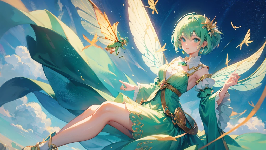 beautiful girl, mint colored hair, short hair, royal clothes, fairy wings, flying dragonflies, 8k resolution, sky