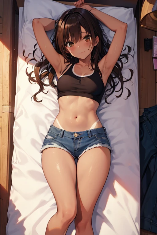 highest quality、Elementary school student bra、beige shorts、cool look、Stretching your legs in your room、armpit sweat、Grass、ecstasy face, (1 girl), (highly detailed face, smile) ,, (japanese girl), Slightly round face, (tanned brown face:1.6), cute, Big eyes、2D，highest quality，(masterpiece)，(full body)，Semi-long hair that reaches to the shoulders，((amber brown hair))，((beach waves))，healthy dark skin，((denim hot pants))，「cheap」A pink tank top with the words，Shiny bare legs，barefoot，beautiful brown eyes，attractive thigheaty ass，Sloppy body shape，Bedroom，Get drunk，upper grade，cheeks are bright red，あざでcute，devilishly sexy，erotic look，Large drops of sweat all over the body，It&#39;s stuffy，sleep with your legs stretched out、my room
