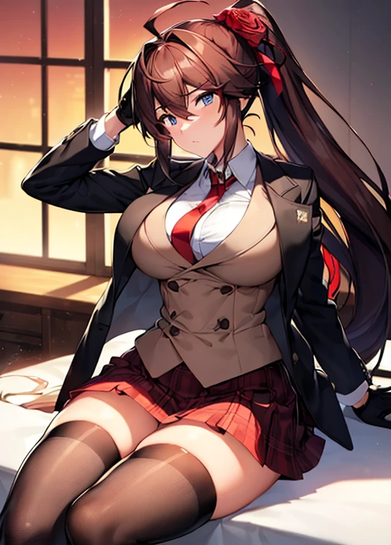 masterpiece, best quality, ultra-detailed, illustration, warm lighting, bright colors, 1girl,solo, long hair, very long hair, chifuyu, crossed arms, amused, sitting, office, office work,

action, ahoge, bangs, black_jacket, blue_eyes, breasts, brown_hair, brown_vest, buttons, closed_mouth, collared_shirt, double-breasted, dress_shirt, flower, gloves, hair_between_eyes, hair_flower, hair_ornament, hair_over_eyes, jacket, light_particles, long_sleeves, looking_at_viewer, necktie, plaid, plaid_skirt, pleated_skirt, ponytail, red_flower, red_necktie, red_rose, red_skirt, rose, shirt, skirt, thighhighs, vest, weapon, white_shirt, zettai_ryouiki