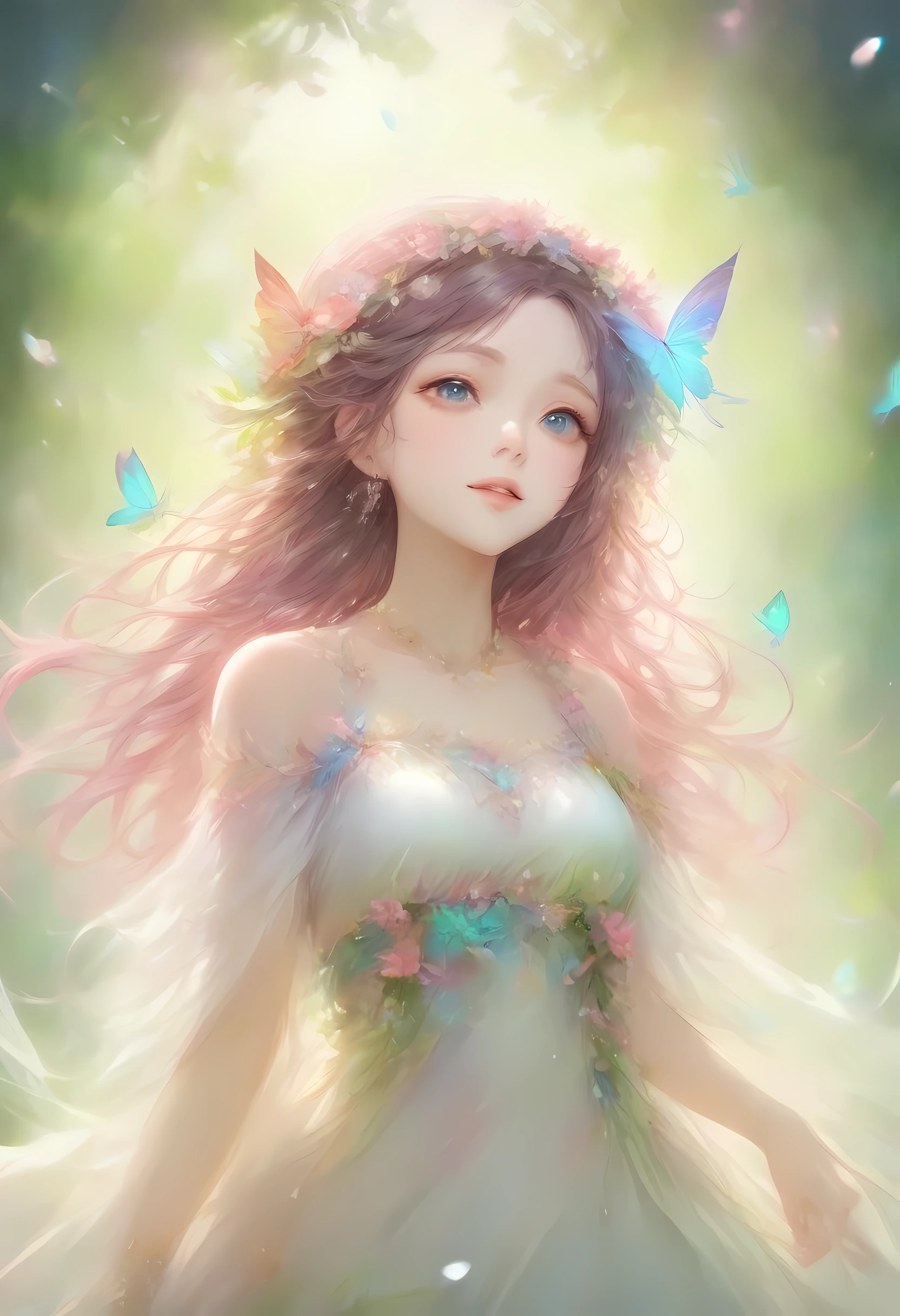 (CG unity 8K wallpaper extremely detailed) (better quality) (better lighting) (an extremely delicate and beautiful) (floating) (beautiful) (spring atmosphere) (1 girl) (pink long hair), (hair band), (detailed and beautiful blue eyes), ((very short white dress, pink race underside), (race), ((light transparent silk))), (cherry blossom petals), (butterfly), (degrees of freedom), (volume light) cinematic lighting, chromatic aberration, Sony FE manager, rough skin, advanced details, High resolution, 8K