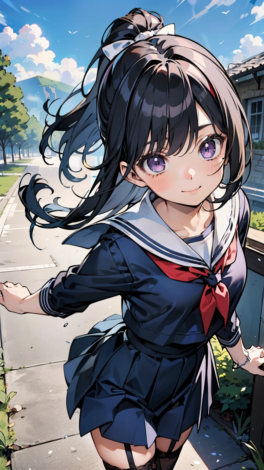 sailor suit, one woman, (a beauty woman, delicate schoolgirl:1.3), 8K, highest quality, masterpiece, Super detailed, ultra high resolution, realistic, RAW photo, absolute resolution, black hair, ponytail tied with a ribbon, small face compared to body, very small face, black hair, navy blue sailor suit, navy blue skirt, High school girl wearing a sailor suit, Anime 2D rendering, realistic若いアニメの女子高生, , ((white headband)), position looking down from above, small breasts, tall, slanted eyes, purple eyes, (school scenery), black stockings, garter belt, smile, Jumping Pose,