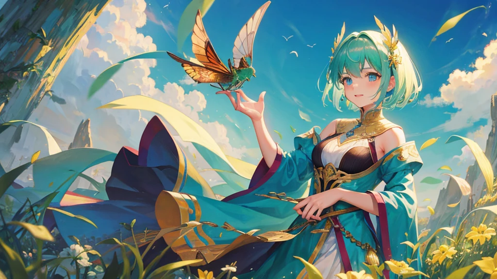 beautiful girl, mint colored hair, short hair, royal clothes, fairy wings, flying dragonflies, 8k resolution, sky