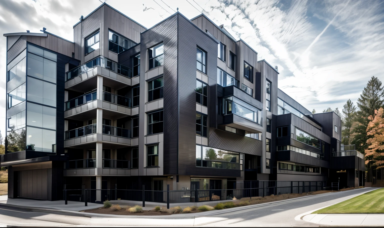 house exterior contemporary style, modernism, glass doors and windows,black metal rail, conwood ceilling, masterpiece, highquality, realistic photo, canon eos 5D mark, natural light,