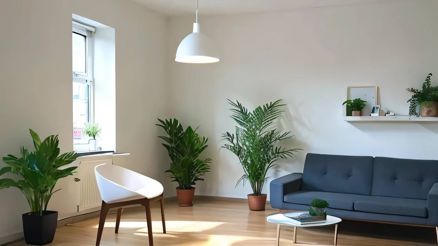 There are no people、Wide angle of view、Large white wall room、Chair、plant、pendant light