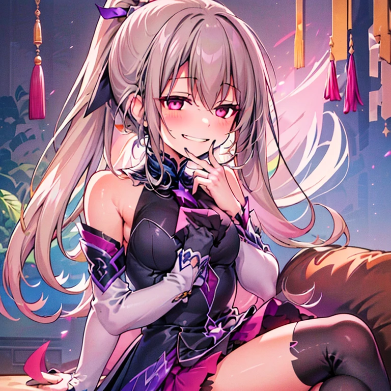 (best quality:1.2),1 girl,alone,with a beautiful ponytail adorned with star hairpins and a black feather hairpin. Her nails are meticulously done with intricate nail art. The colors in the image are vibrant, creating a dreamlike atmosphere. The lighting is soft, casting a ethereal glow on the girl's face. The background is filled with highly detailed floral patterns, adding depth to the scene. The girl has an evil smile on her face, giving a sense of mystery and intrigue.