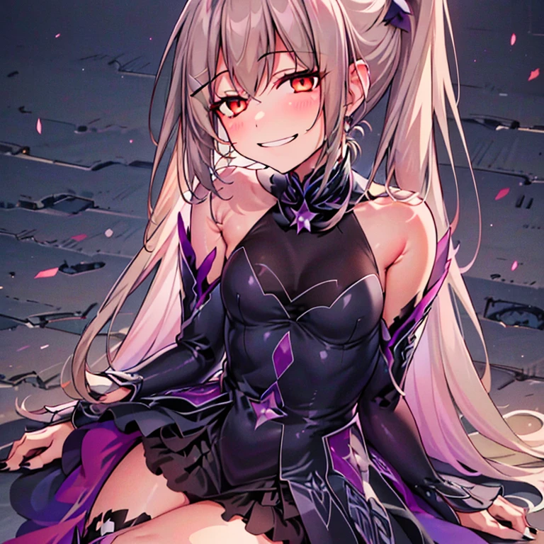 (best quality:1.2),1 girl,alone,with a beautiful ponytail adorned with star hairpins and a black feather hairpin. Her nails are meticulously done with intricate nail art. The colors in the image are vibrant, creating a dreamlike atmosphere. The lighting is soft, casting a ethereal glow on the girl's face. The background is filled with highly detailed floral patterns, adding depth to the scene. The girl has an evil smile on her face, giving a sense of mystery and intrigue.