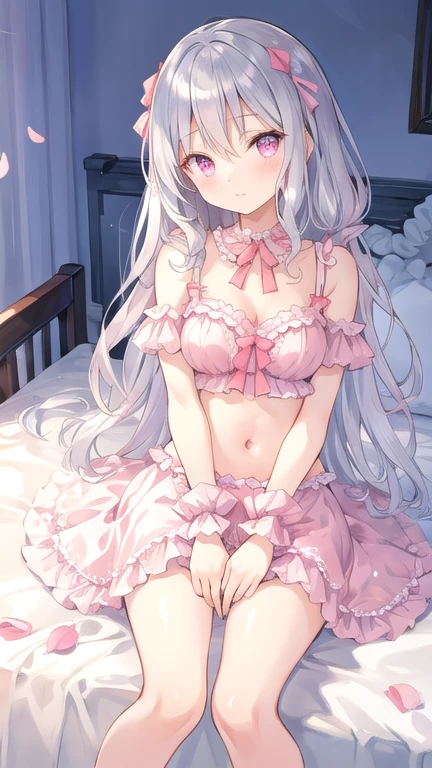 Masterpiece, beautiful illustration, best quality, cute , bedroom, pastel color, two-piece frilled lingerie, , silver long hair, bright lighting, light pink eyes