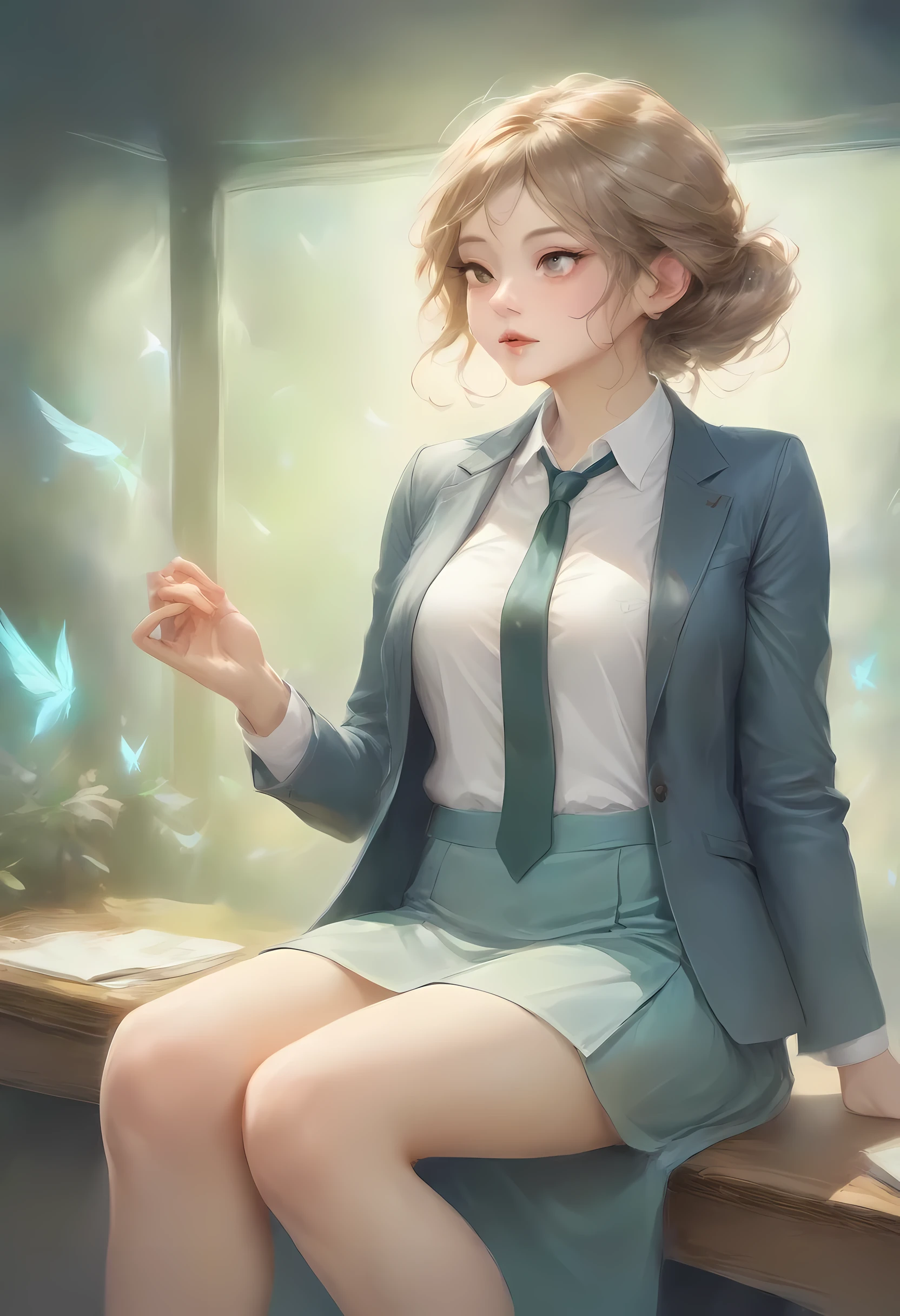 (8K, top-quality, masterpiece: 1.2), (realistic, Photorealistic: 1.2), Intelligent secretary with a curvaceous figure, wearing a (well-tailored business suit:1.5), (Elegant posture: 1.3), Sitting at a desk, (Beautifully detailed eyes: 1.5), (Blonde hair: 1), (short hair: 1.1), Wearing glasses with a professional look, (Her suit jacket and white shirts are buttoned:1.5), (Polished shoes: 1.1), (Detailed suit fabric: 1.0), thigh high stockings, (necktie:1.5), (middle skirt:1.5), spirit of the wind