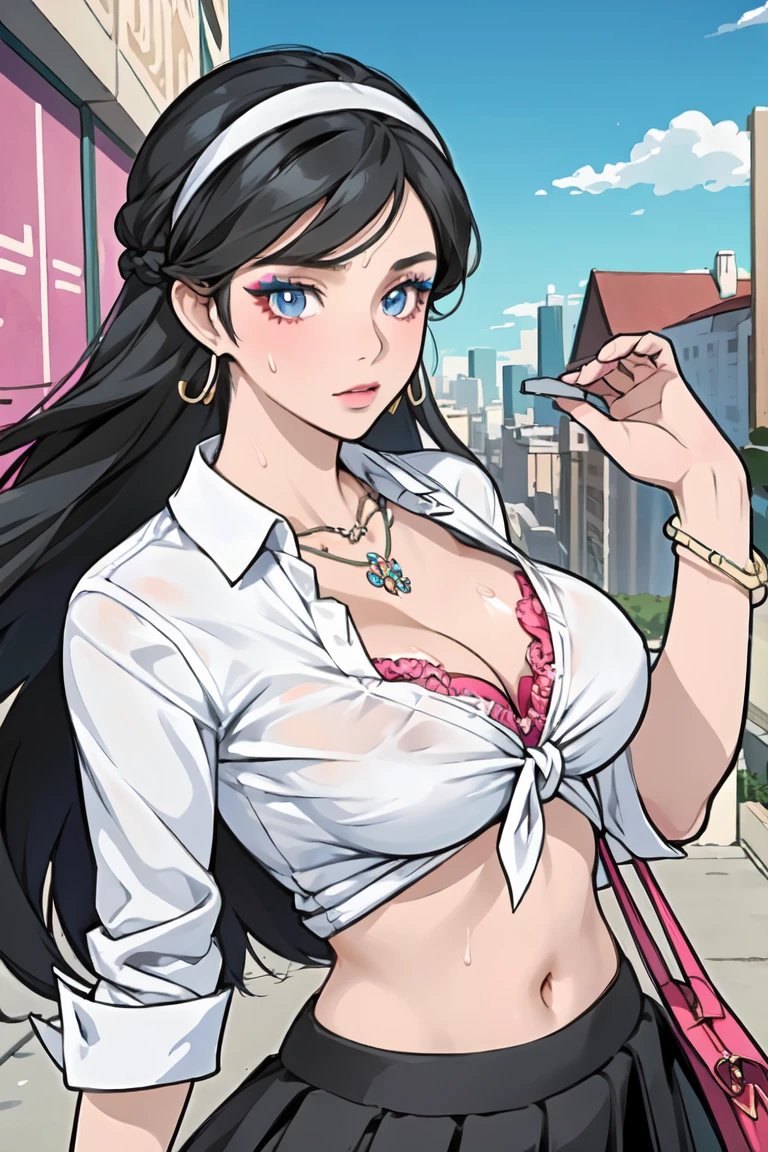 masterpiece, best quality, kumashiro maya, 1girl, solo, breasts, cleavage, long hair, white headband, parted bangs, blue eyes, looking at viewer, sweat, large breasts, collared shirt, tied shirt, pleated skirt, flashy gyaru, happy, showy,too many accessories, colorful , kogal, kogal gyaru, necklace, earrings, bracelet, bra,  handbag, (skirt lift:1.2),  (cameltoe), navel, midriff, (makeup)