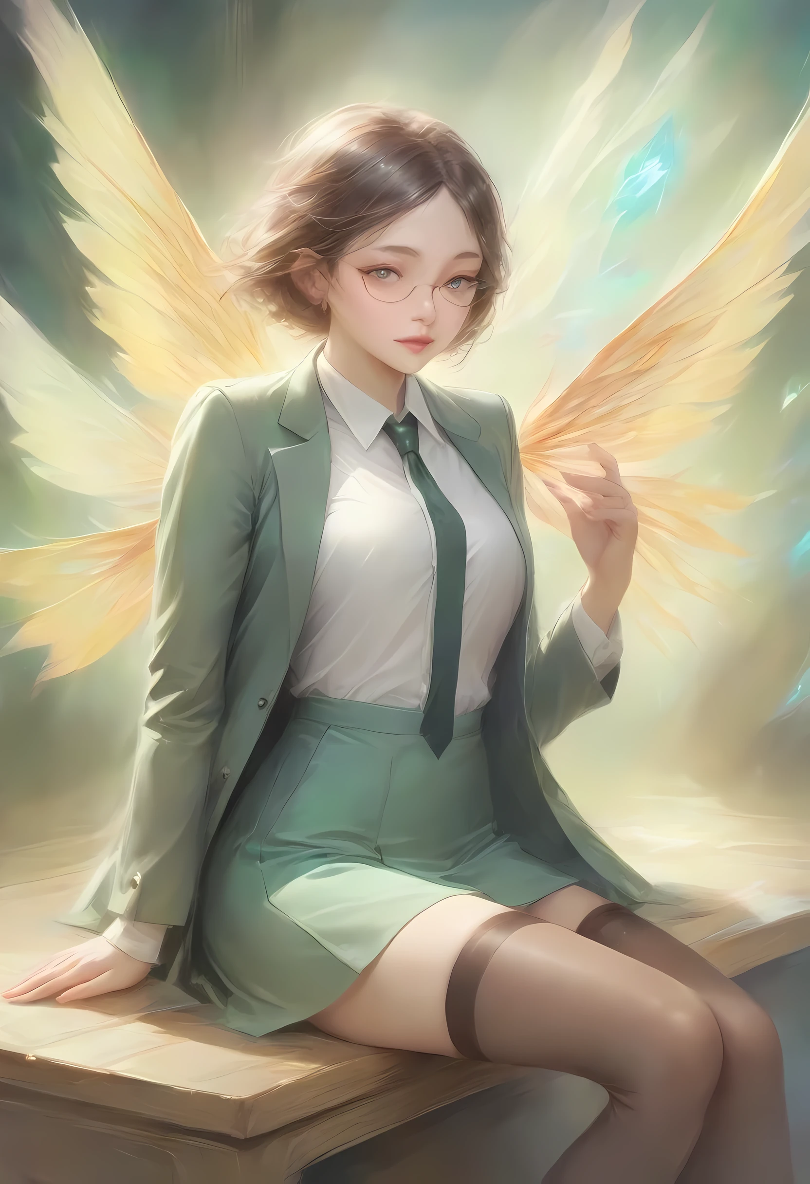 (8K, top-quality, masterpiece: 1.2), (realistic, Photorealistic: 1.2), Intelligent secretary with a curvaceous figure, wearing a (well-tailored business suit:1.5), (Elegant posture: 1.3), Sitting at a desk, (Beautifully detailed eyes: 1.5), (Blonde hair: 1), (short hair: 1.1), Wearing glasses with a professional look, (Her suit jacket and white shirts are buttoned:1.5), (Polished shoes: 1.1), (Detailed suit fabric: 1.0), thigh high stockings, (necktie:1.5), (middle skirt:1.5), spirit of the wind