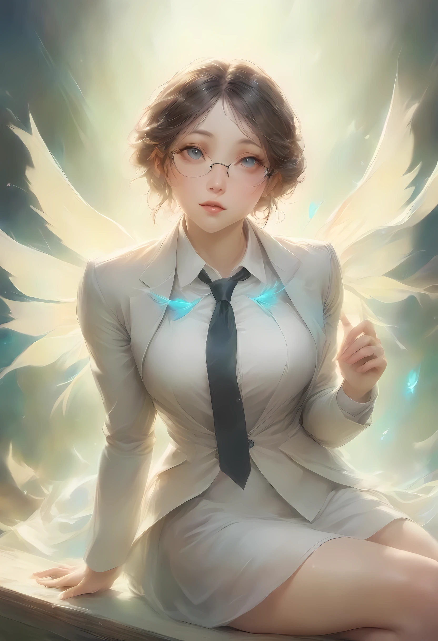 (8K, top-quality, masterpiece: 1.2), (realistic, Photorealistic: 1.2), Intelligent secretary with a curvaceous figure, wearing a (well-tailored business suit:1.5), (Elegant posture: 1.3), Sitting at a desk, (Beautifully detailed eyes: 1.5), (Blonde hair: 1), (short hair: 1.1), Wearing glasses with a professional look, (Her suit jacket and white shirts are buttoned:1.5), (Polished shoes: 1.1), (Detailed suit fabric: 1.0), thigh high stockings, (necktie:1.5), (middle skirt:1.5), spirit of the wind