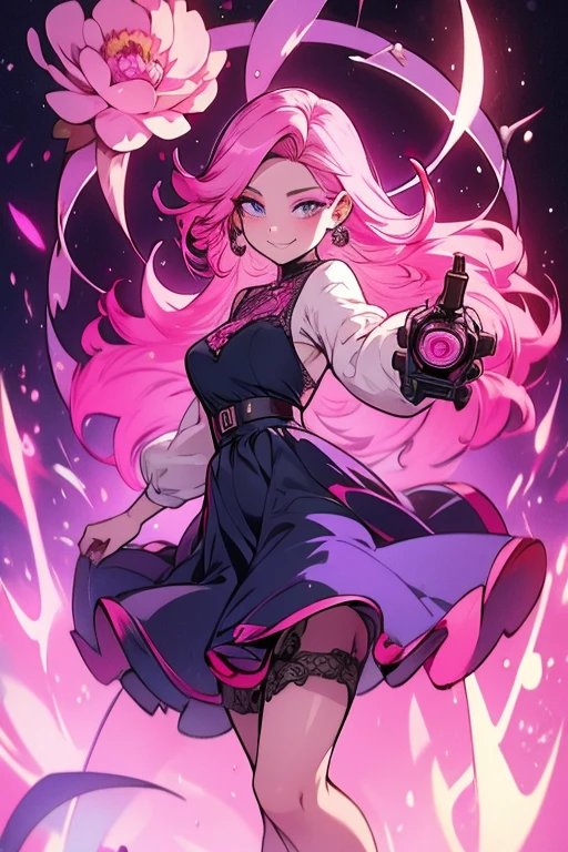 A pink haired woman with violet eyes with an hourglass figure wearing a violet lace dress is holding a peony with a smile