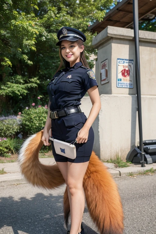 ((highest quality)), ((masterpiece)), (get used to it), perfect face, fox girl, Beautiful woman, public, A tail is growing, she has a fluffy tail, she has a fox tail, she wags her tail, smile, collar, She is wearing a police uniform, beautiful hips, big breasts , big tail