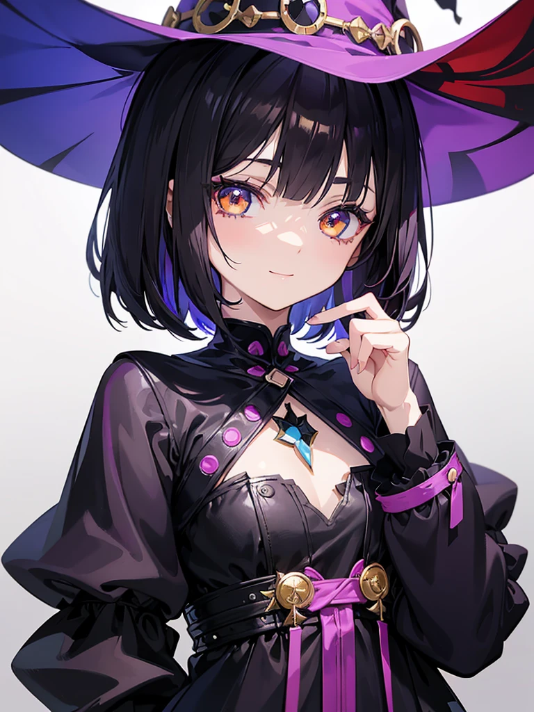 Witch's outfit, Anime-style portrait of a -agerrl with a deep violet bob cut, (Golden eyes), bright eyes, detailed eyes, baby-fa eye contact with the camera, subtle smile, minimalistic background to emphasize character, high contrast, clean lines, digital painting, vivid colors