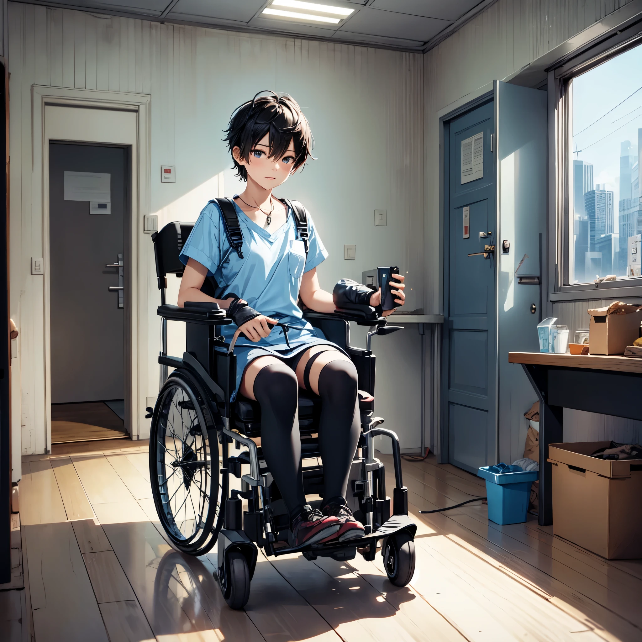 (Super detailed, realistic), Hospital scene, [Moderate:oil], [Professional:1.1], [Physically based rendering], [Bright colors], [sharp focus], [studio lighting], [extreme details], [highest quality,4k,8K,high res,masterpiece:1.2],(focus on upper body),inside the house,inside the room,((1 boy aged 18,femboy,trap)),flat chest,(short black hair),(dark), [nervous eyes],(see-through-fishnet-tops,shorts,boots),((ride in an electric wheelchair)),((operate a power wheelchair))
