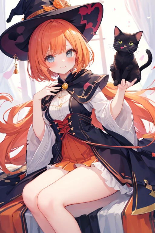 beautiful illustrations, highest quality, pretty girl,beautiful girl、clear face、 half girl、pastel colour 、blush、thighs、perfect hands、five fingers、fantasy、fantasy、Cat ear、witch、orange hair、bob hair、Gah