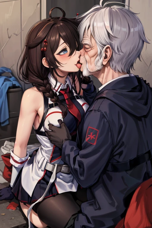 {perfect anatomy},((beautiful face:1.5)),((Pregnant: 0.8)), (((french kiss, 1 girl, 1homeless Old Man, hetero,kiss, french kiss, tongue kiss:1.5))), best quality, (8k, best quality, masterpiece, ultra high res, , Super Detail), Ultra Detailed, Detailed Skin, (an extremely delicate and beautiful), BREKA,1 japanese beautiful airl, ShigureKaiSanKC, (sleeveless) shirt, (black and white) two-tone shirt, (black) pleated skirt, (black) thigh highs, (red) necktie, (white) belt, (black) fingerless gloves, (red) hand ribbon, hair over shoulder, hair ornament, hair between eyes, blue eyes,hair bow, long belt, BREAK perfect hands, detailed hands, best hands.