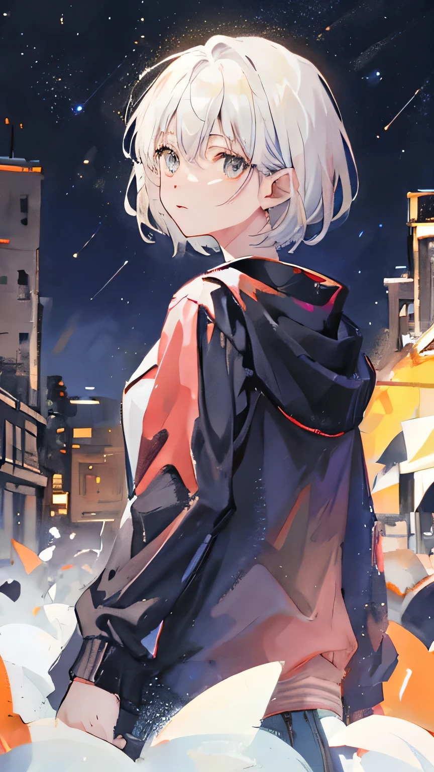 girl，white hair，short hair，white eyes，Look back at me，Only the upper body is visible，starry sky background，On the mountain