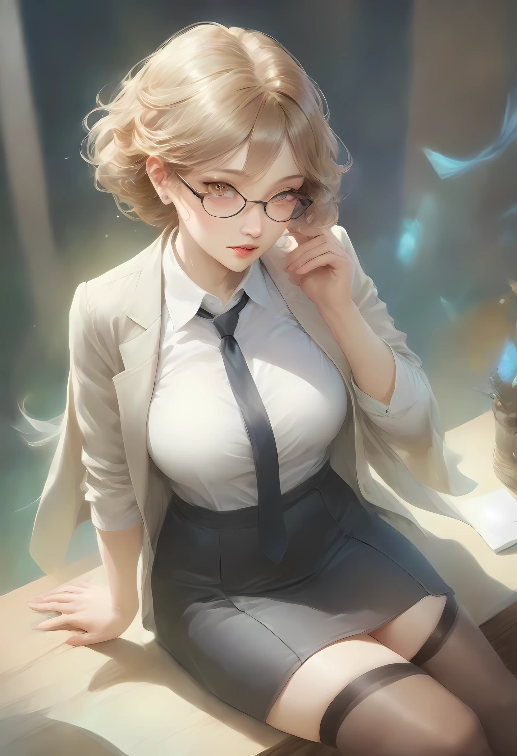 (8K, top-quality, masterpiece: 1.2), (realistic, Photorealistic: 1.2), Intelligent secretary with a curvaceous figure, wearing a (well-tailored business suit:1.5), (Busty: 1.5), (Elegant posture: 1.3), Sitting at a desk, (Beautifully detailed eyes: 1.5), (Blonde hair: 1), (short hair: 1.1), Wearing glasses with a professional look, (Her suit jacket and white shirts are buttoned:1.5), (Polished shoes: 1.1), (Detailed suit fabric: 1.0),  thigh high stockings, (necktie:1.5), (middle skirt:1.5), spirit of the wind