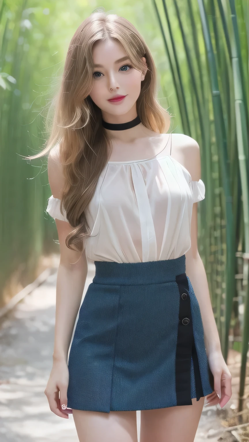 Female1people々,(full body figure:1.2), (nine-headed body:2.0), (thin thighs), (long and thin legs: 2.0),(knee stretch:2.0),(Height 2/3 is the foot:2.0), (pumps:1.2), Transparent white glossy skin, 25 years old, Cute sexy little face, red lips, parted lips, ( Hair parted to one side:1.5), blue eyes, sexy face, sexy young woman, long blonde shiny hair,Eyebrows are the same color as hair, choker,(pink blouse :1.3)(pink tight skirt :1.3), white underwear,natural wavy hair, almond eye, Beautiful smile, My cheeks turned red, Medium chest, slender body shape, tight waist, small ass, (people々)The visible part of the thigh between the skirt, beautiful hands, thin shoulders, look at the audience, Skirt blowing in the wind, Standing position, tropical island々, bamboo forest morning