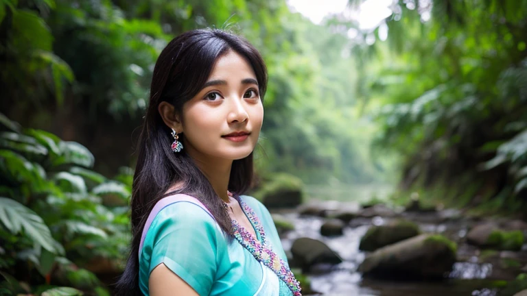30 year old , Annie, round face, big eyes, neat nose, indian face, skin medium color, light blue full saree, watching the nature