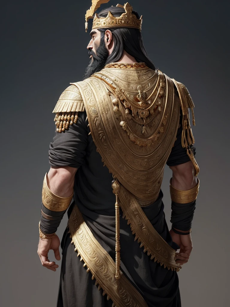 (masterpiece), (best quality),1boy,solo,black hair,(black beard) ,plenty of beard, (ancient man:1), ancient luxurious long clothes, ancient golden crown,animation style render, 3D , Mesopotamian king, full body, standing, (pixer style:1.1),(Bokeh) ,(clay) ,(sharp focus),(simple back groud:1.5),from front,