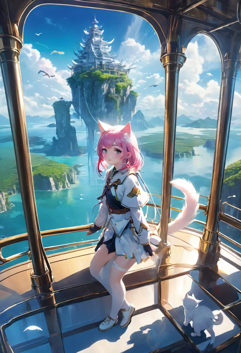 (8K、Raw photo、highest quality、look up:1.2、masterpiece:1.2、genuineistic、ultra high resolution、high contrast、photon mapping、genuine、Super detailed、official art, Raw photo、professional lighting、 light、Vivid atmosphere、twicelight) (1 girl), (alone:1.5), (full body figure), (Portrait of a Girl), (Young look),(Moist eyes), (beautiful face:1.3), (perfect proportions:1,2), (thin legs), (thin thighs), (long legs:1.2), (delicate), (height: 150cm), (15 years old) , (Fair skin、white skin: 1.5), (lightブラウンのポニーテール), (Pink Hair Fastening), (One white kitten)A girl and a white kitten are in the observation deck of an airship.。From the airship's observation deck、A girl and a white kitten、Looking at the flying island。Many floating islands flying in the sky。Ancient ruins remain on the flying island。The flying island is a waterfall and a lake、You can see the mountains。The flying island is full of nature。An atmosphere that exudes the excitement of adventure。High Fantasy Worldview, Beautiful depiction of grand composition and proportions, Guardian nebula of rainbow light and silvery vapor, Corrosive Encirclement Ray Family Color, slimy air feeling,
