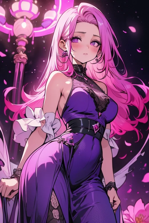 masterpiece, best quality, 21 years old, older woman, A pink haired woman with violet eyes with an hourglass figure wearing a violet lace dress is blushing in a flurry of peony petal