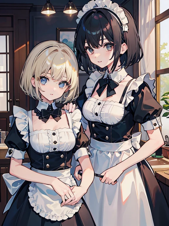 girl、two women、short hair、Woman with black hair、maid、cute