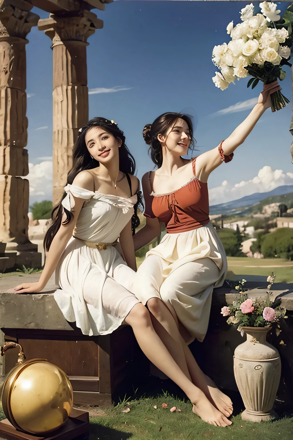 full body portrait or statue、Giorgione painting style,Arguments of two female Philosophe,math、astronomical machine、astronaut、roses in vase、fruits、Cute trinkets、smile、ancient greek costume、Ancient Roman landscape in the style of Nicolas Poussin,laughter,,Sweet and seductive appearance.、Caravaggio's paintings、Chiaroscuro of Caravaggio、hair tousled by the wind,Two women frolicking,cute smile, expression of ecstasy,Sexy,erotic