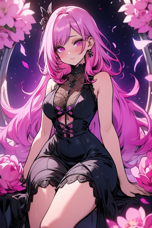 1fille, (Best quality:1.1), (Masterpiece:1.4), portrait, 1fille, (cheveux volumineux)+ , ((curly hair))++, cheveux longs, ((dark skinned))++, (((cheveux roses ))), (golden eyes), Cheveux courts, Gros Seins, Pink Hair , (big lips)+, evening dress, Party Dress , Short Dress , Bas en dentelles, black stockings , peau brillante, Brillant, starry night , pleine lune, Decor Urbain, Bas dentelle, Fioritures, pose dynamique, seiza