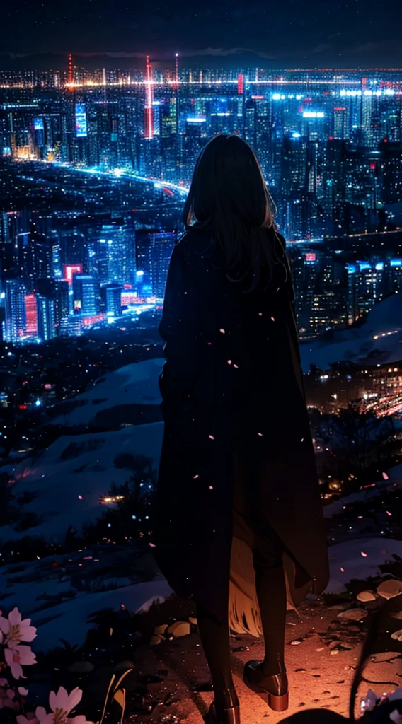 1people々々々々々々々々々々,blonde long hair,long coat,silhouette, Rear view,space sky, milky way, anime style, cherry blossoms,夜cherry blossoms,辺り一面に舞うcherry blossoms吹雪,Night view of the city from the mountainside,