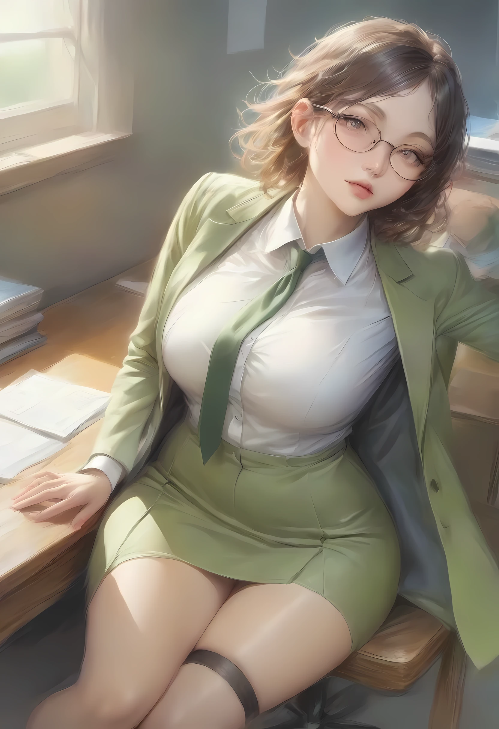 (8K, top-quality, masterpiece: 1.2), (realistic, Photorealistic: 1.2), Intelligent secretary with a curvaceous figure, wearing a (well-tailored business suit:1.5), (Busty: 1.5), (Elegant posture: 1.3), Sitting at a desk, (Beautifully detailed eyes: 1.5), (Blonde hair: 1), (short hair: 1.1), Wearing glasses with a professional look, (Her suit jacket and white shirts are buttoned:1.5), (Polished shoes: 1.1), (Detailed suit fabric: 1.0),  thigh high stockings, (necktie:1.5), (middle skirt:1.5)