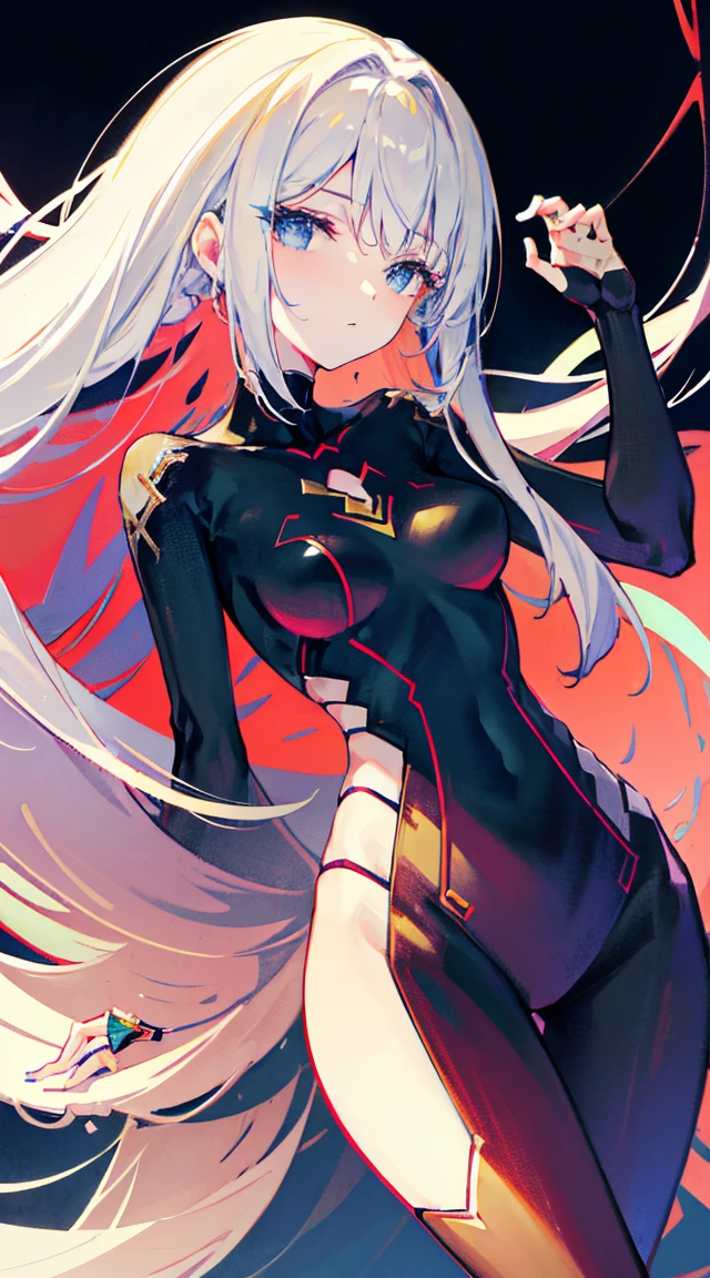 1girl, anime, cute girl, blank background, white background, fantasy, detailed fantasy dress with highlights, beautiful face, beautiful eyes, dark colors, black hair with multicolor streaks, red eye with different color pupil in eye, multicolor eye, medium small breasts (slightly big), slight cleavage, beautiful skin, cute, breast curtains, extremely delicate and beautiful, (beautiful detailed face:1.0), (detailed deep eyes), symmetrical breasts, deep eyes, shiny skin, portrait, slender waist, hips wider than shoulders, thighs, expressionless, young girl, luminous eyes, adorable，（Kpop idol）,（aegyo sal：1），（Platinum blonde hair：1），（（puffy eye）），Black panty，sexy posture，Superskirt, ultra high resolution，Black collar，slim figure, Abdominal y tattoo, womb tattoo，Tight-fitting leg ring，y tattoo on half-body，Bare skin, Armored hand，Hidden fingertips，Hand covered，Arm covered，Fist covered,{{beautiful detailed fingers}}, tufts of hair, moderate beautiful breast:1.0,(masterpiece:1.2), best quality, high-res, HDR, perfect face, intricate armor, delicate blue filigree, intricate filigree, red metalic parts, detailed part, dynamic pose, dynamic lights,