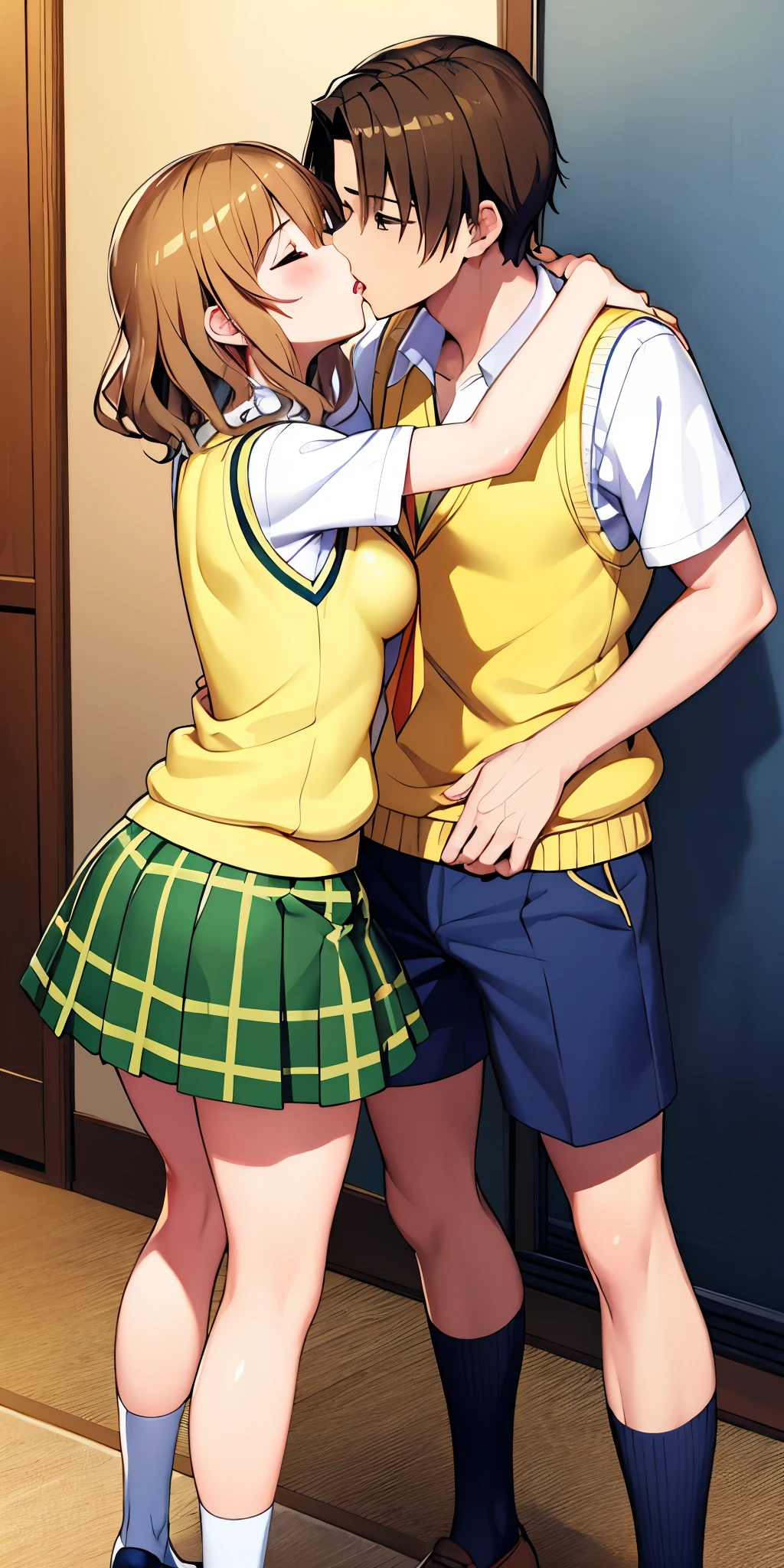 girl、short brown hair、brown eyes、breasts、clavicle、、high school student、collared shirt、white shirt、sweater vest、(yellow vest:1.2)、short sleeve、pleated skirt、green skirt、navy blue knee high sockary jane、genderbend、boy、Man chest、pleated skirt、green skirt、couple、kiss、