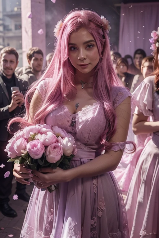 A pink haired woman with violet eyes with an hourglass figure wearing a violet lace dress is blushing in a flurry of peony petal