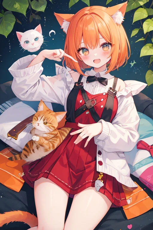 beautiful illustrations, highest quality, pretty girl,beautiful girl、clear face、 half girl、pastel colour 、blush、thighs、perfect hands、five fingers、fantasy、fantasy、Cat ear、cat tail、orange hair、bob hair、Gah、tooth