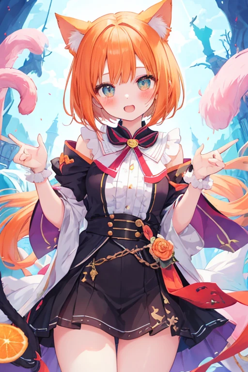 beautiful illustrations, highest quality, pretty girl,beautiful girl、clear face、 half girl、pastel colour 、blush、thighs、perfect hands、five fingers、fantasy、fantasy、Cat ear、cat tail、orange hair、bob hair、Gah、tooth