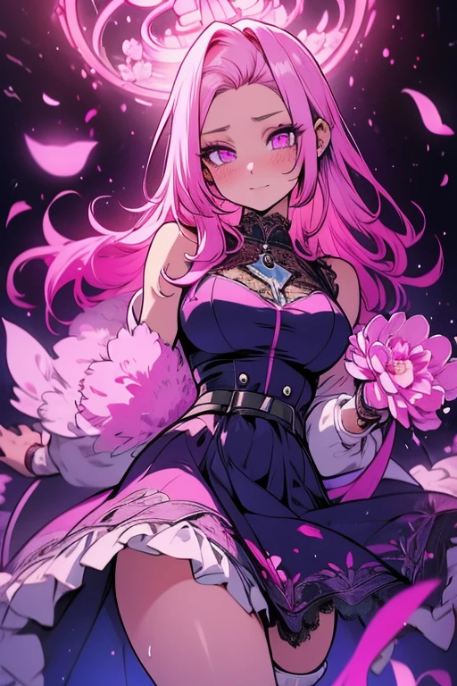 A pink haired woman with violet eyes with an hourglass figure wearing a violet lace dress is blushing in a flurry of peony petal
