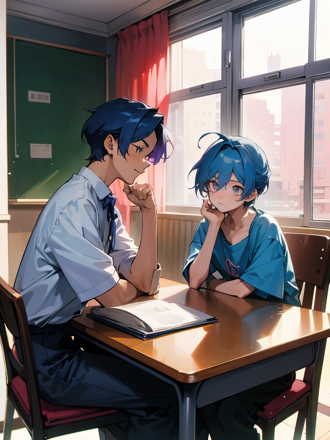 cartoon of two boys sitting at a table with a book and a backpack, ddlc, in the art style of 8 0 s anime, 9 0 s anime style, 90s anime style, in anime style, in an anime style, anime aesthetic, anime vibes, 9 0 s anime aesthetic, 9 0 s anime art style, lofi boy, typical anime classroom, beautiful background window, two cute boys, beautiful faces, two boys, don't extra hands, NO extra hands, generate two boys with NO extra hands, NO extra arm