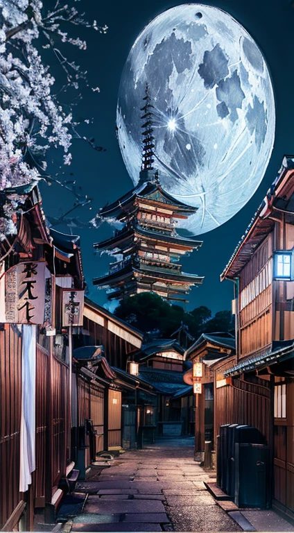 Close-up of a street with a full moon in the sky, Japan at night, Aesthetics of traveling to Japan, Japanese cities at night, Japanese cities, A quest to travel deeper into Japan, Japan at nightの街で, at night with full moon, ancient japanese architecture, Kyoto Japan setting, Inspired by Kyoto, edo japan, japanese inspiration, very beautiful photo, Street moon scenery