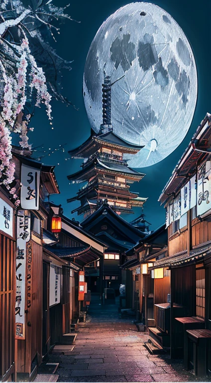 Close-up of a street with a full moon in the sky, Japan at night, Aesthetics of traveling to Japan, Japanese cities at night, Japanese cities, A quest to travel deeper into Japan, Japan at nightの街で, at night with full moon, ancient japanese architecture, Kyoto Japan setting, Inspired by Kyoto, edo japan, japanese inspiration, very beautiful photo, Street moon scenery