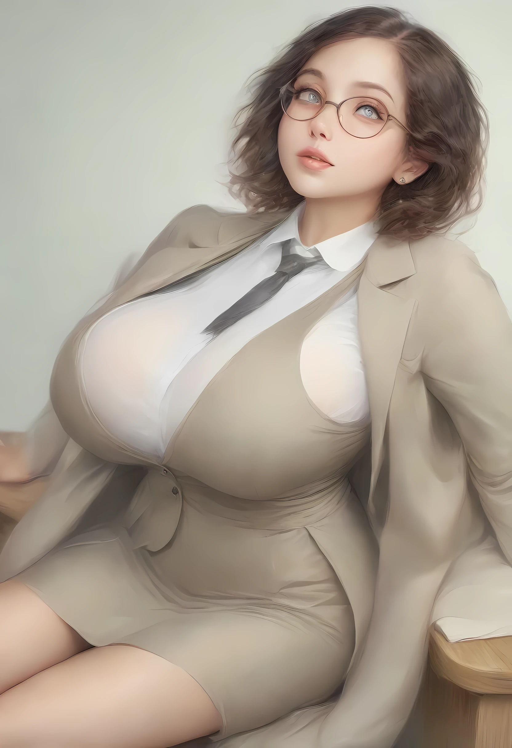 (8K, top-quality, masterpiece: 1.2), (realistic, Photorealistic: 1.2), Intelligent secretary with a curvaceous figure, wearing a (well-tailored business suit:1.5), (Busty: 1.5), (Elegant posture: 1.3), Sitting at a desk, (Beautifully detailed eyes: 1.5), (Blonde hair: 1), (short hair: 1.1), Wearing glasses with a professional look, (Her suit jacket and white shirts are buttoned:1.5), (Polished shoes: 1.1), (Detailed suit fabric: 1.0),  thigh high stockings, (necktie:1.5), (middle skirt:1.5)