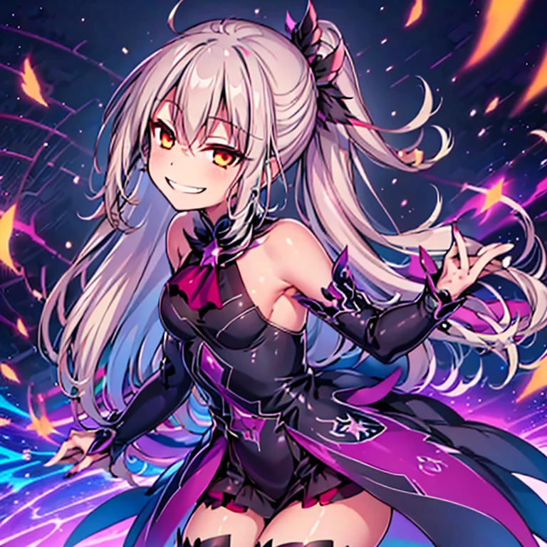 (best quality:1.2), 1 girl, vibrant colors, dreamlike lighting, detailed floral background, evil smile, alone, a ponytail, star hairpins, black feather hairpin, nail art