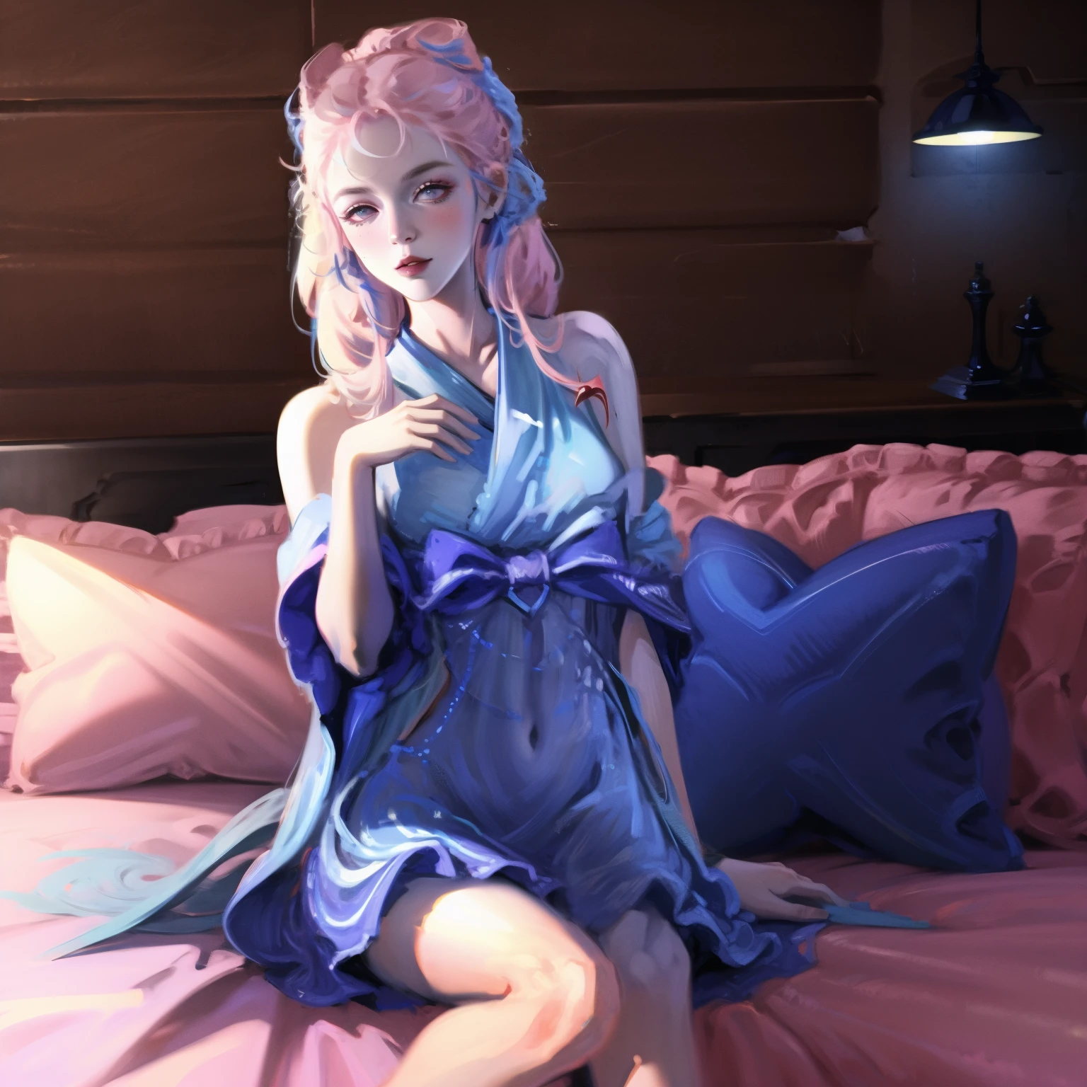 nordic young woman, cute face, Tempting, best quality, masterpiece, translucent summer dress, prime time, Detailed texture, Long Braid Hair, sitting on bed, pose, Casual pose, wooden house, Internal, [blush], aesthetic, complex, Caustics, light, Sunlight, (((soft lips))), (((glossy lips))), Very detailed, (Semi-realistic:1.2), Nilaudev, Red hair