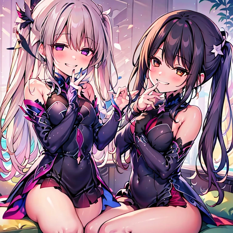 (high-res, 4k, best quality:1.2), vibrant colors, dreamlike lighting, detailed floral background, evil smile, alone, a ponytail, star hairpins, black feather hairpin, detailed nail art