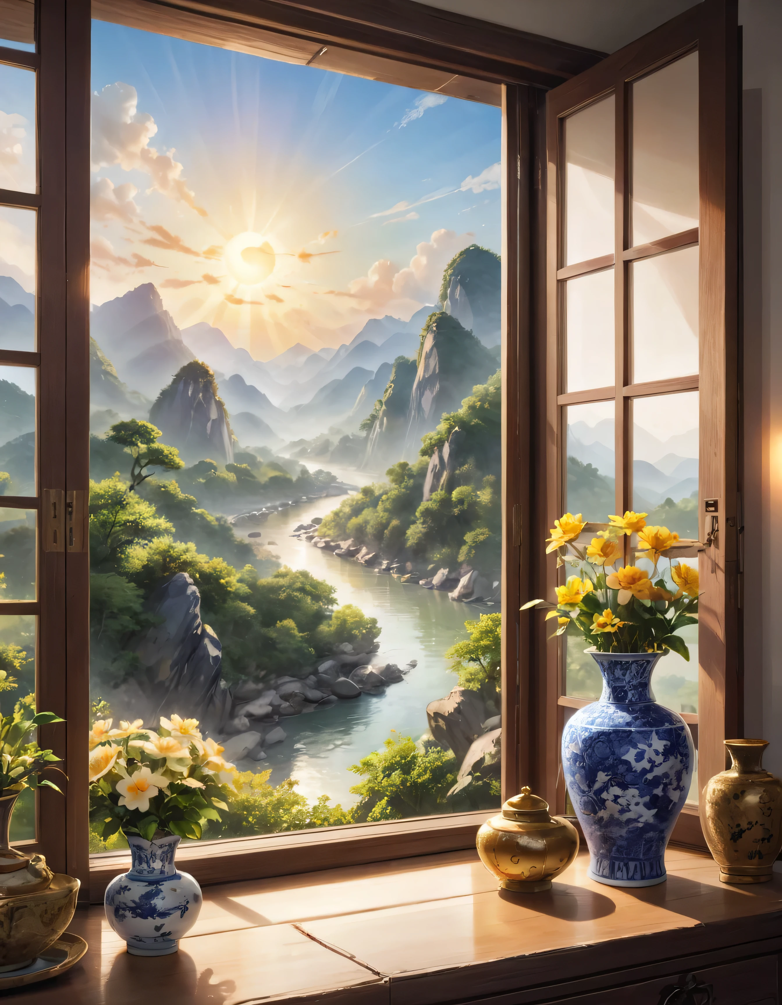 ((best quality)) , ((masterpiece)) , (detailed) ,In the Chinese style room, there is an open window with mountains and rivers outside it. The view from inside to out of the window shows distant scenery, with blue sky in the upper left corner, green vegetation on both sides, golden yellow sun shining through clouds at top center, grayishwhite rocks on mountain peaks, colorful flowers blooming by windowsill, traditional vases placed next to table.