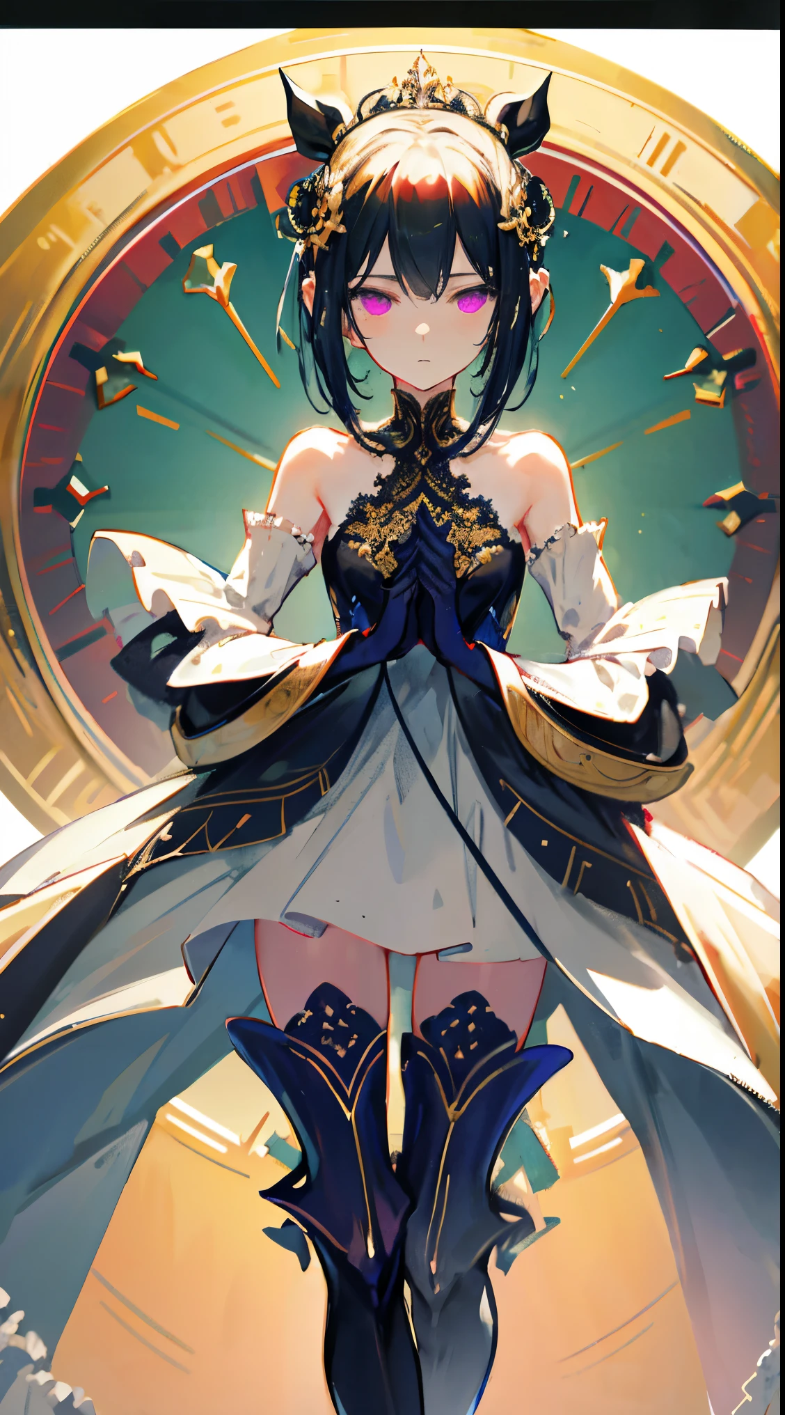 1girl, anime, cute girl, blank background, white background, fantasy, detailed fantasy dress with highlights, beautiful face, beautiful eyes, dark colors, black hair with multicolor streaks, red eye with different color pupil in eye, multicolor eye, medium small breasts (slightly big), slight cleavage, beautiful skin, cute, breast curtains, extremely delicate and beautiful, (beautiful detailed face:1.0), (detailed deep eyes), symmetrical breasts, deep eyes, shiny skin, portrait, slender waist, hips wider than shoulders, thighs, expressionless, young girl, luminous eyes, adorable，（Kpop idol）,（aegyo sal：1），（Platinum blonde hair：1），（（puffy eye）），Black panty，sexy posture，Superskirt, ultra high resolution，Black collar，slim figure, Abdominal y tattoo, womb tattoo，Tight-fitting leg ring，y tattoo on half-body，Bare skin, Armored hand，Hidden fingertips，Hand covered，Arm covered，Fist covered,{{beautiful detailed fingers}}, tufts of hair, moderate beautiful breast:1.0,(masterpiece:1.2), best quality, high-res, HDR, perfect face, intricate armor, delicate blue filigree, intricate filigree, red metalic parts, detailed part, dynamic pose, dynamic lights,