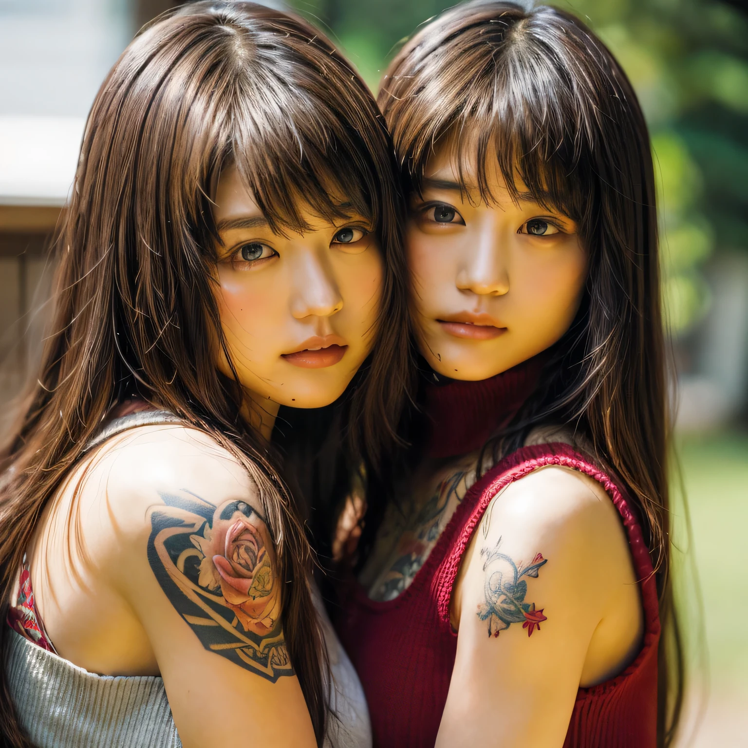 (2girls:1.3) (zentangle tattoo:0.3) (masterpiece, top quality, best quality, official art, beautiful and aesthetic:1.1), depth of field:1.0
